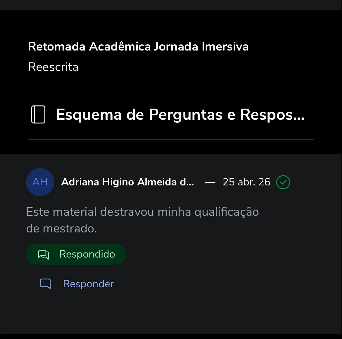 Depoimento de uma participante da Oficina de Leitura e Escrita