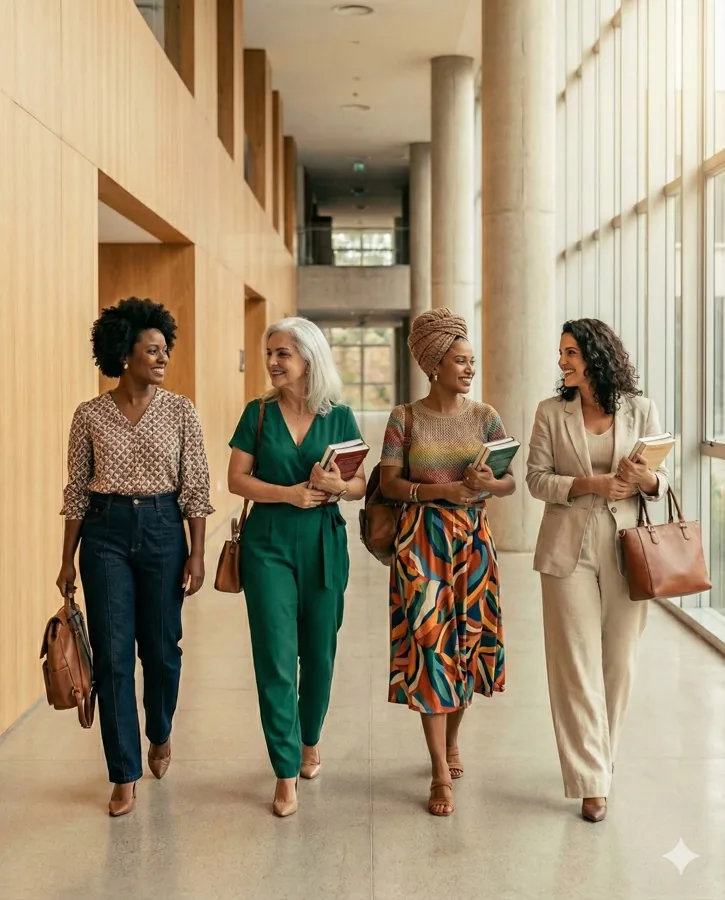 Grupo de pesquisadoras caminhando juntas com seus livros